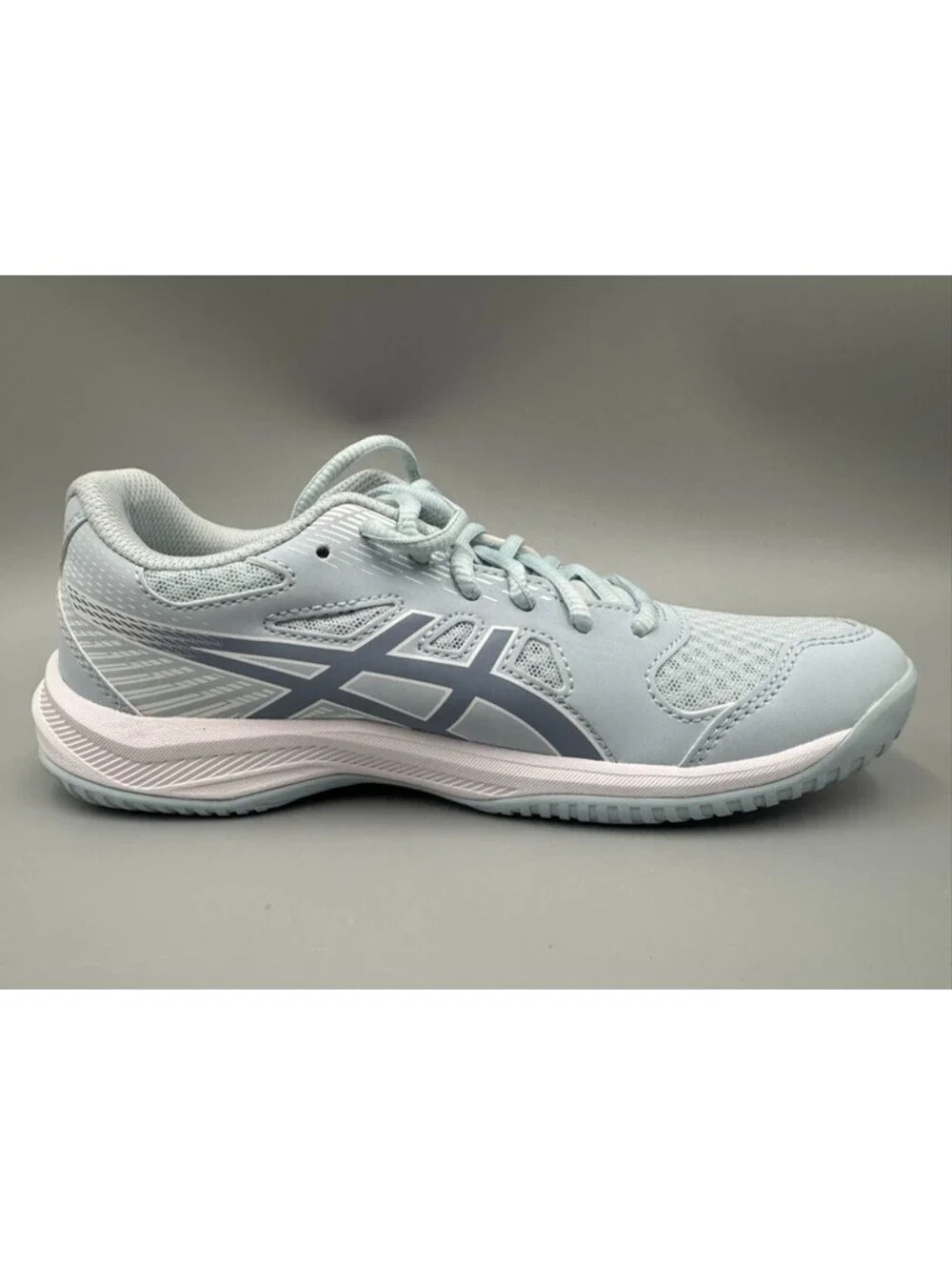 Women’s ASICS Upcourt 6 Volleyball Shoes, Cool Grey/Grey Blue, Size 6.5 w/Box